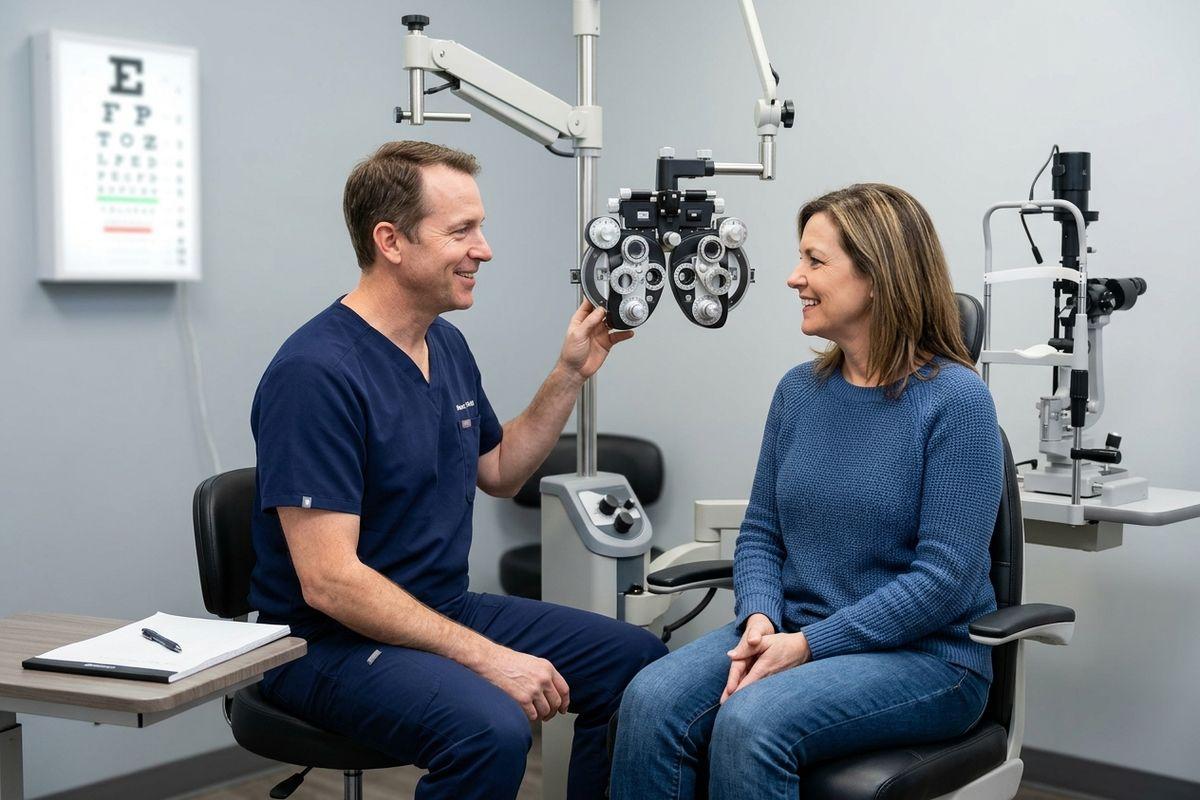 Eye doctor consulting with an adult patient in a modern eye care clinic.