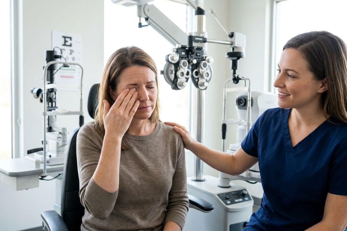 A person rubbing irritated eyes due to a burning sensation is a common dry eye symptom treated at our Nashville specialty eye care locations.