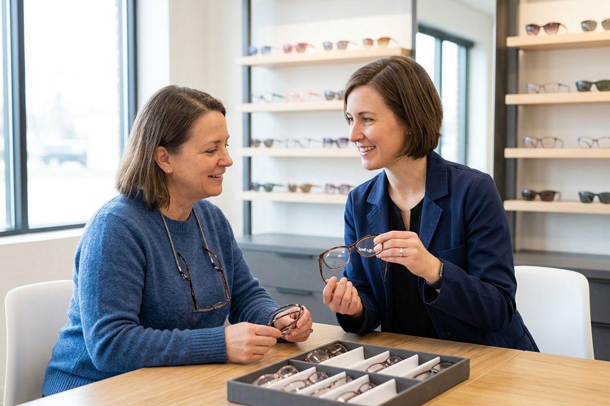 Eye doctor talking with patients about eyewear at a Nashville optometry clinic.