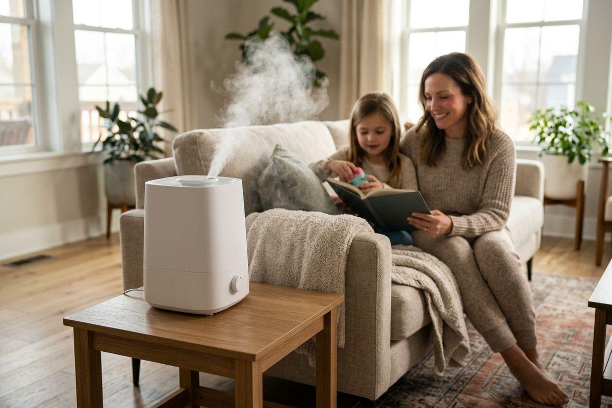 Humidifier releasing mist into the air inside a living room.