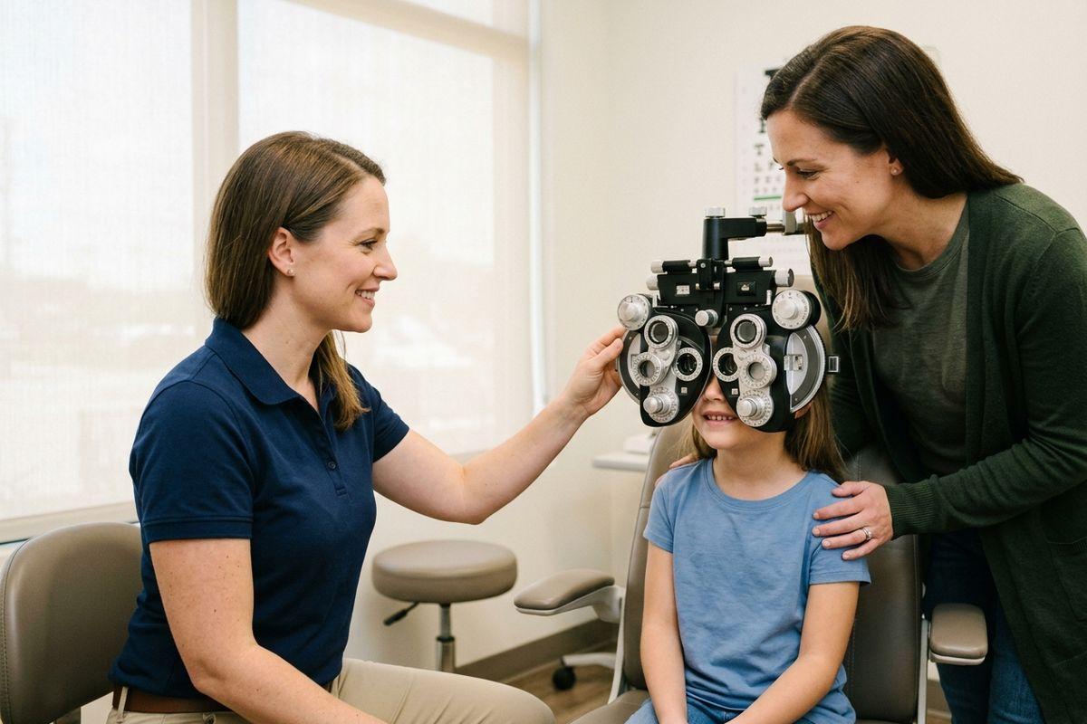 Optometrist using a digital phoropter to evaluate an adult patient's vision during a comprehensive eye exam.