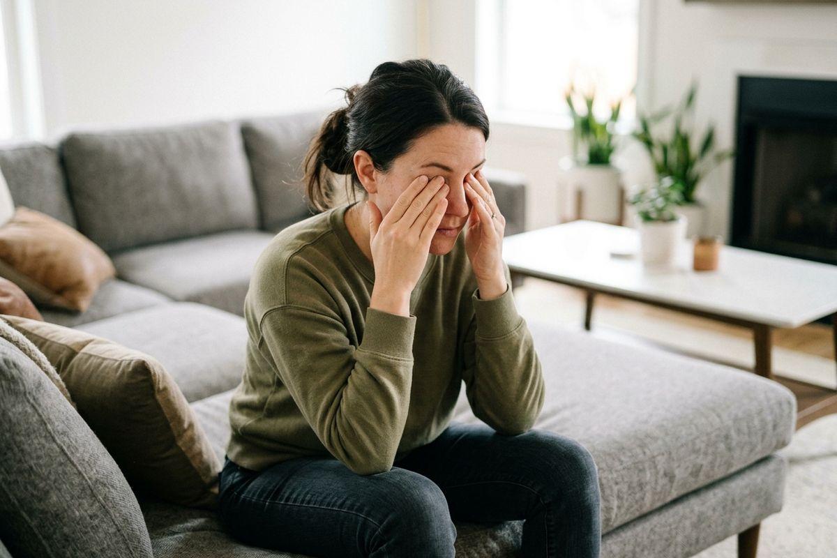 Person rubbing their eyes while sitting on a couch, experiencing dry eye symptoms.