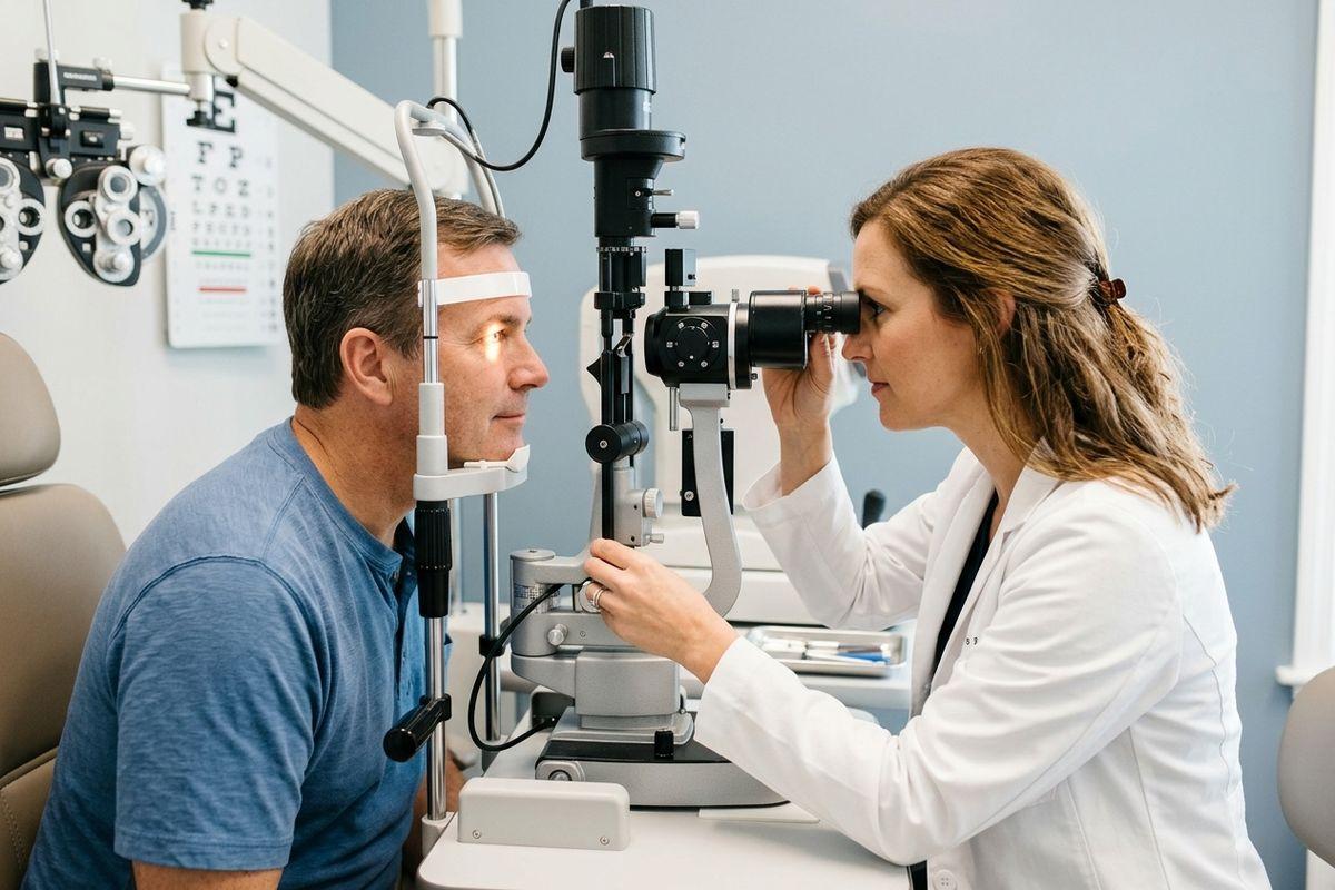 Optometrist examines a patient's eyes using a slit lamp; eye chart on the wall behind them.