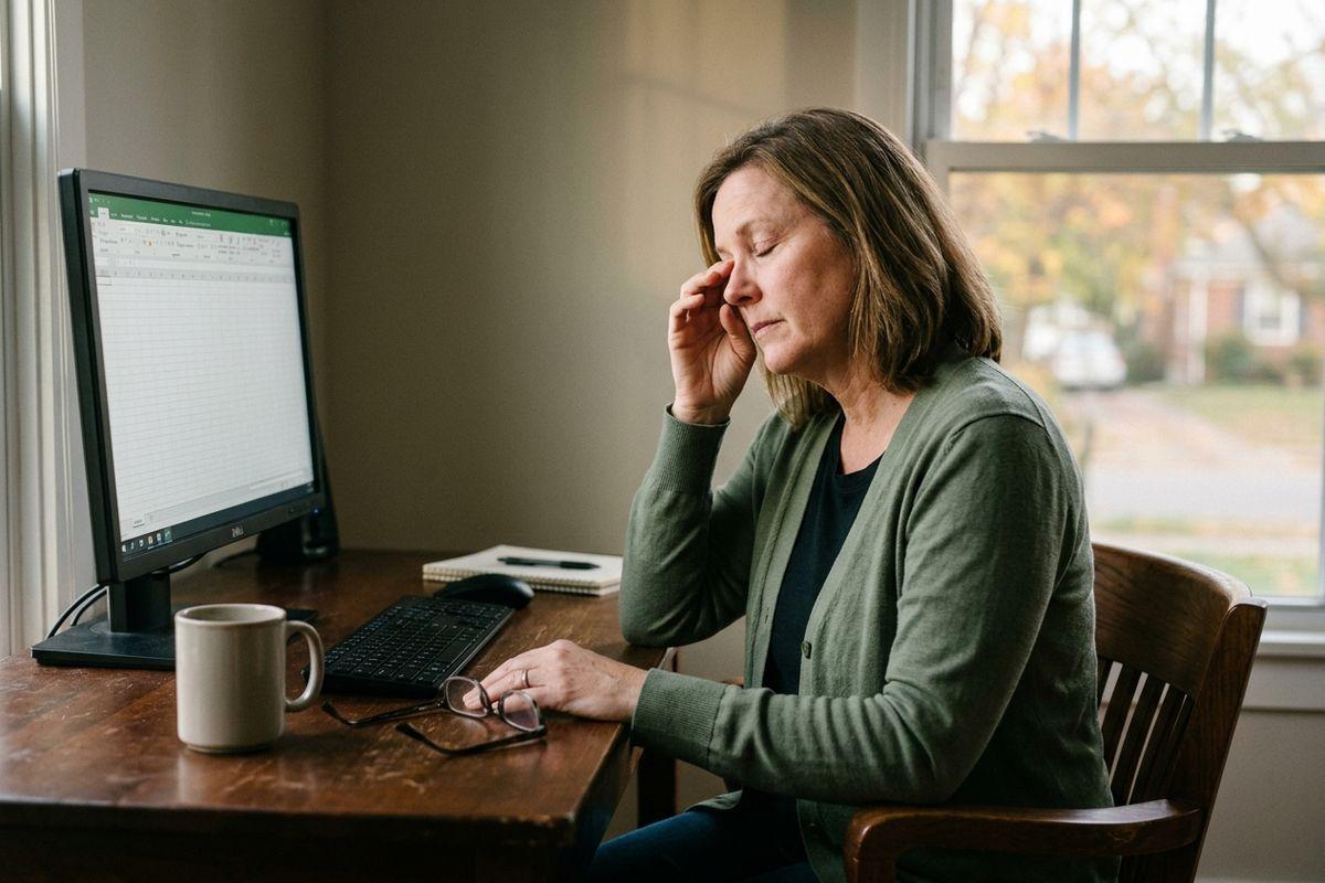 Person rubbing eyes at a desk with a computer, keyboard, glasses, and mug, near a window.