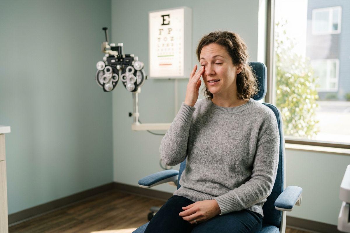 Person rubbing one eye while sitting in an exam chair in an optometrist's office, with phoropter and eye chart behind.