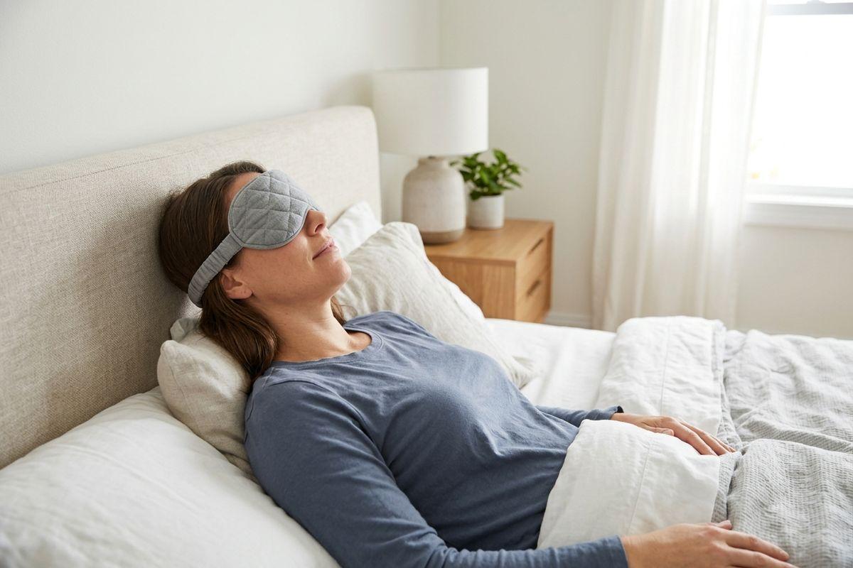Person wearing a gray sleep mask, resting against pillows in bed near a nightstand with a lamp and plant.