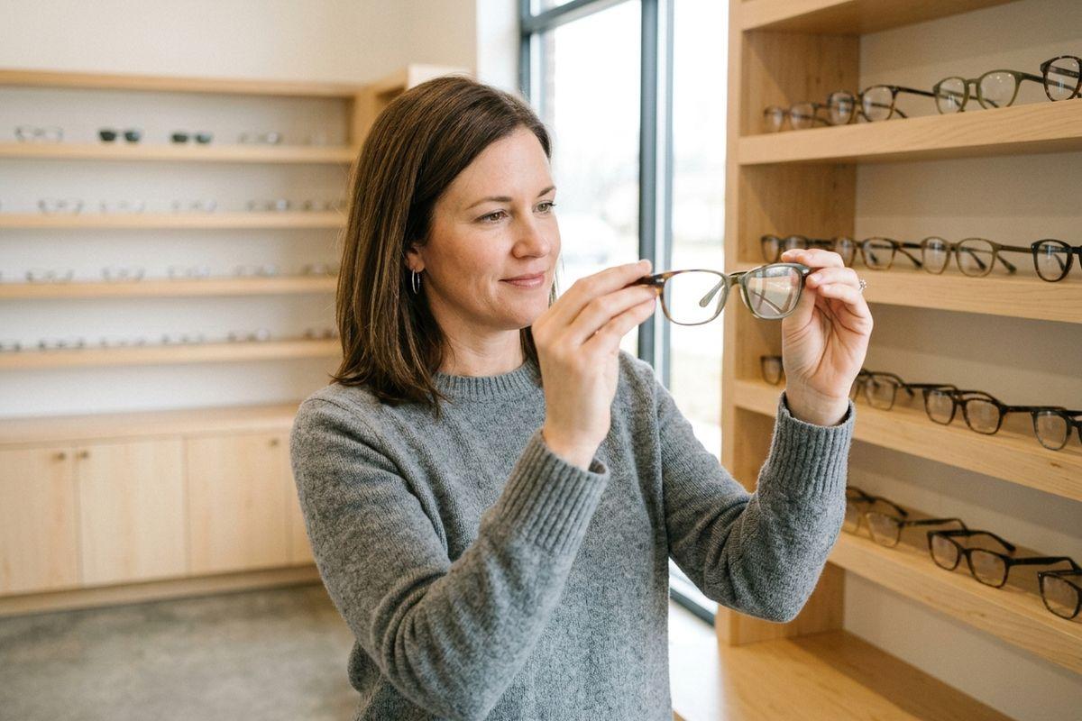 Adult in a grey sweater holding up a pair of eyeglasses to examine them, standing beside wooden display shelves of frames in an optical shop.