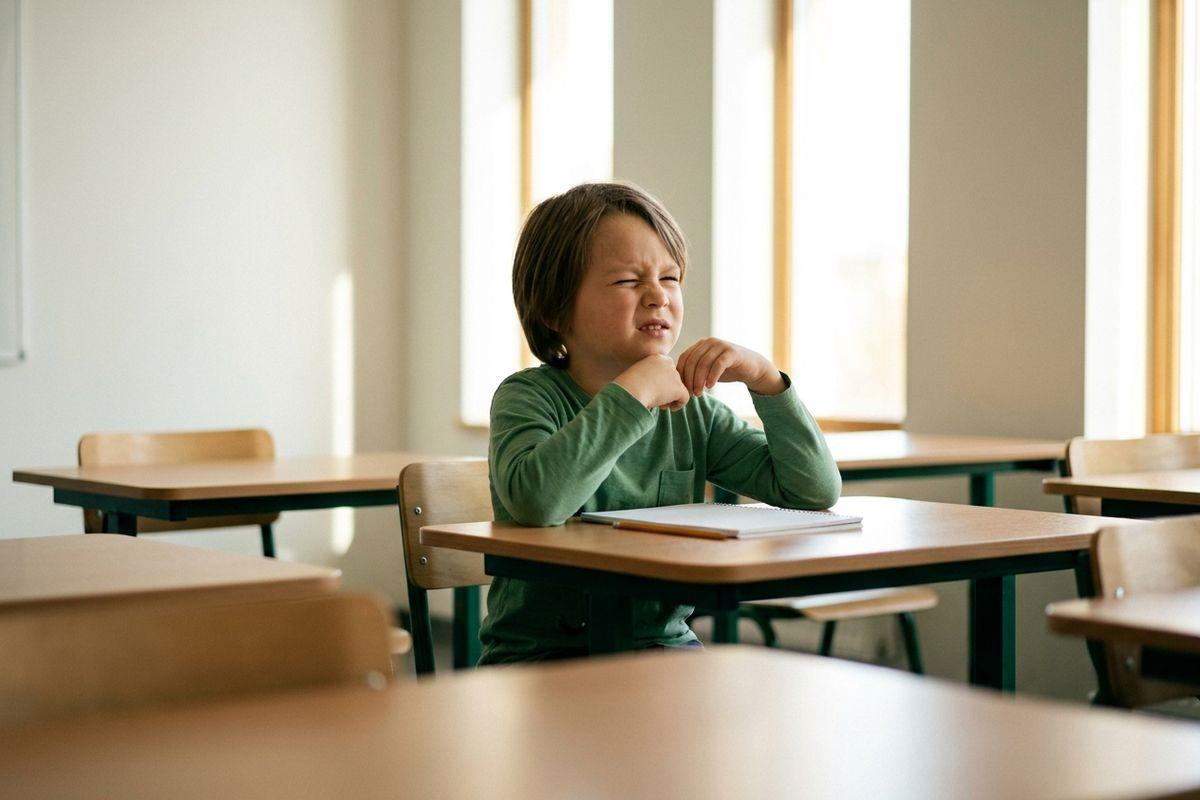 Child squinting while sitting at a desk in an empty classroom, with a notebook and pencil in front of them.