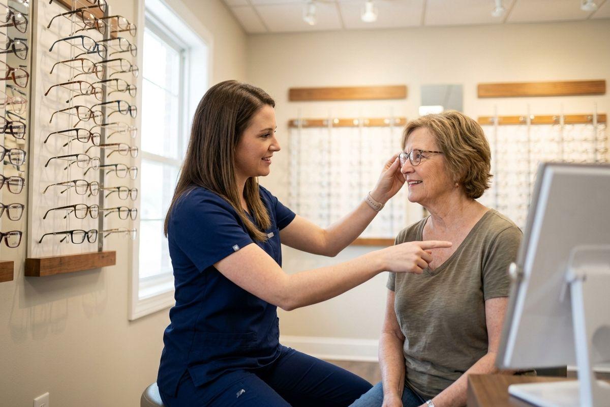 Optician in scrubs adjusts eyeglasses on a smiling older adult in an optical shop lined with eyewear displays.
