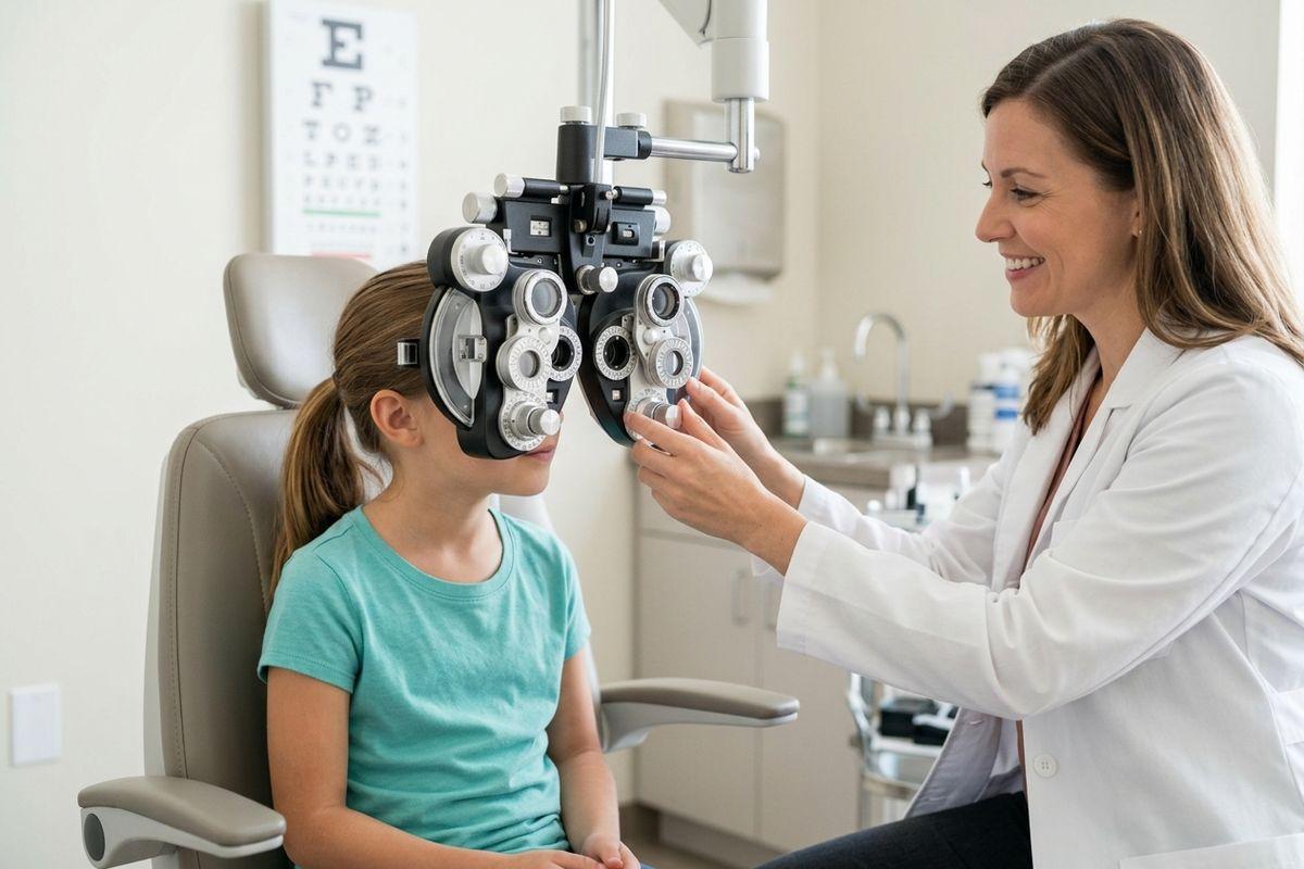 Optometrist smiling while giving a child an eye exam using a phoropter, with an eye chart on the wall.